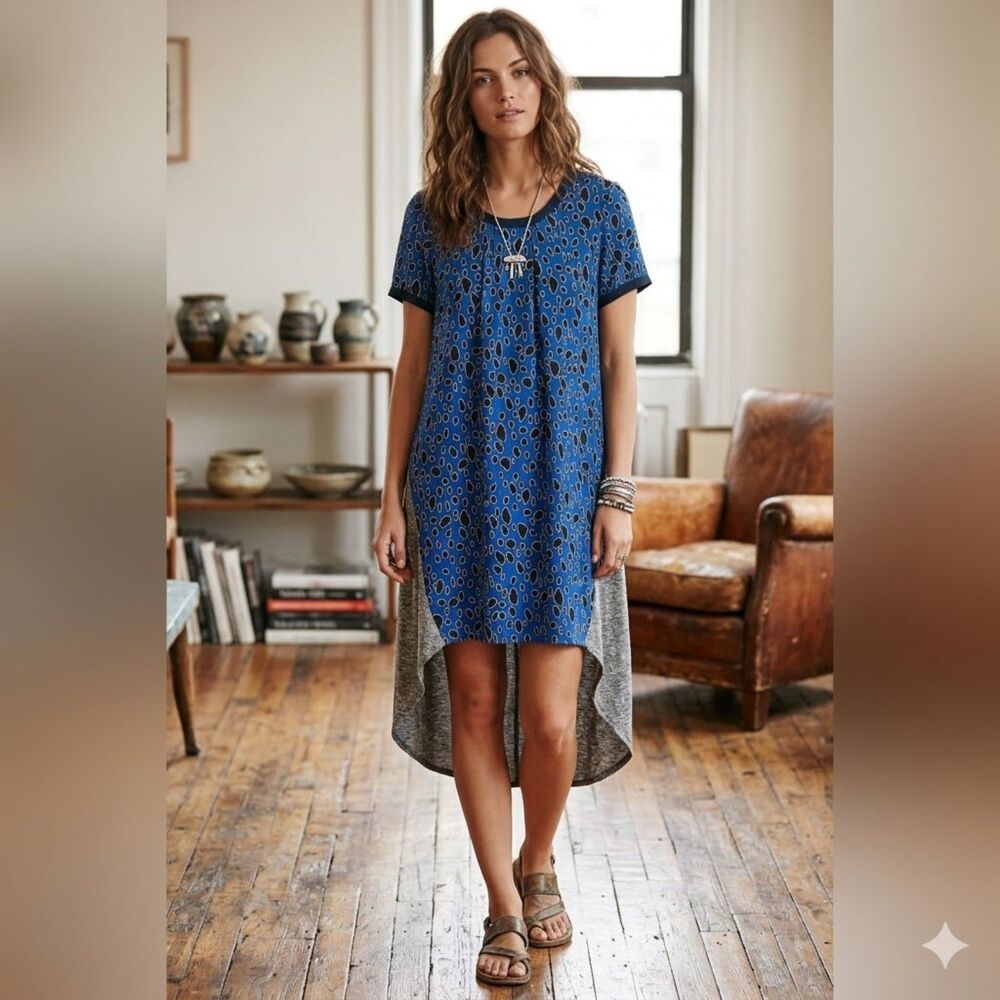Sea New York Blue Gray Silk Short Sleeve High Low Midi Dress    Women's Size 8